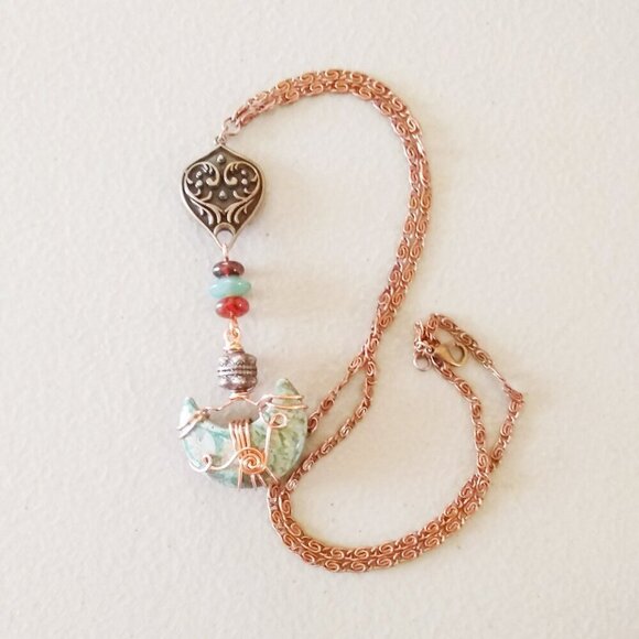 One-Of-A-Kind! Crescent Moon Necklace! Elaborately Sectioned Wire Wrapped Design - Picture 6 of 14